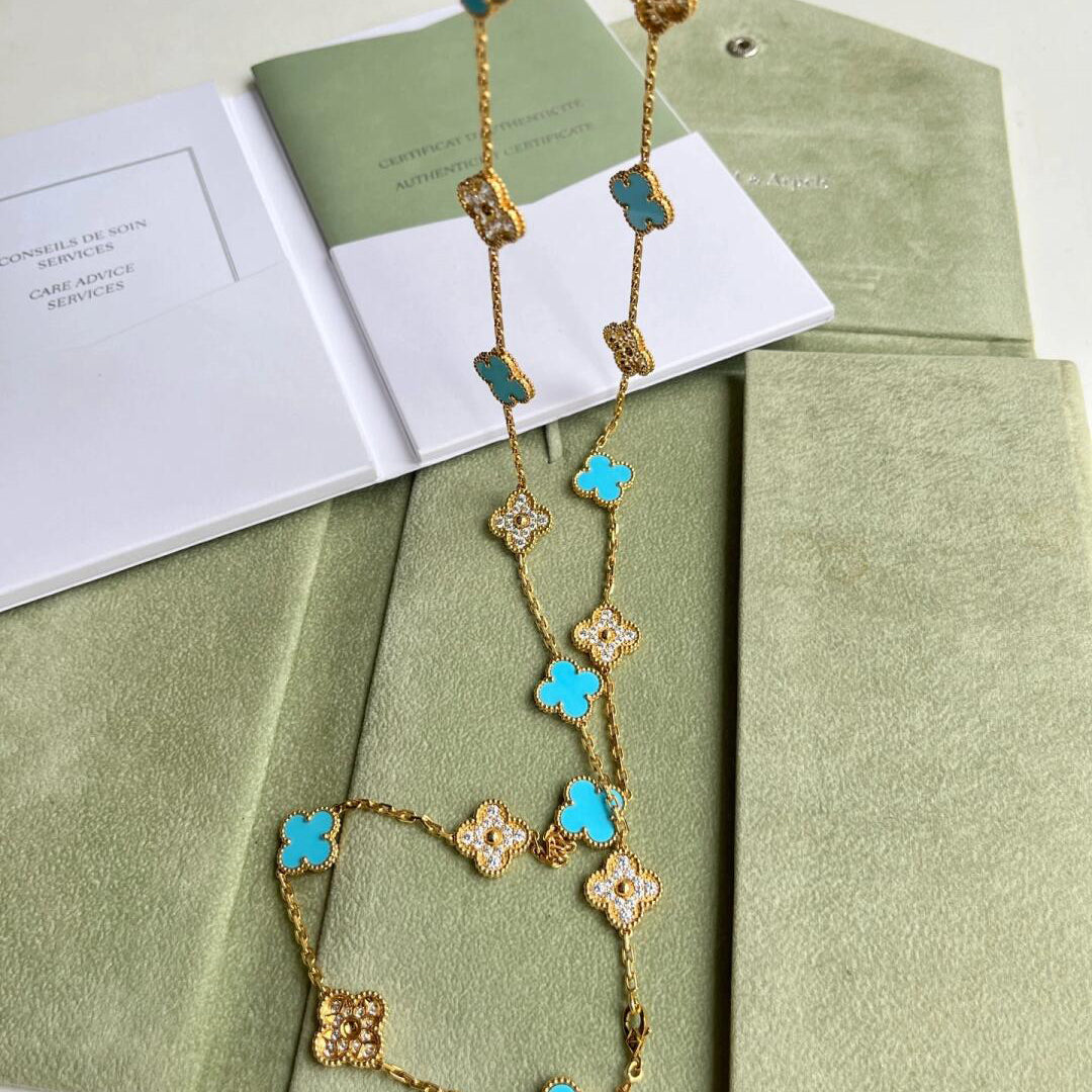 [Love's Uplift]CLOVER 20 MOTIFS TURQUOISE DIAMOND NECKLACE