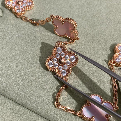 [Love's Uplift]CLOVER 10 MOTIFS DIAMOND PINK MOP NECKLACE