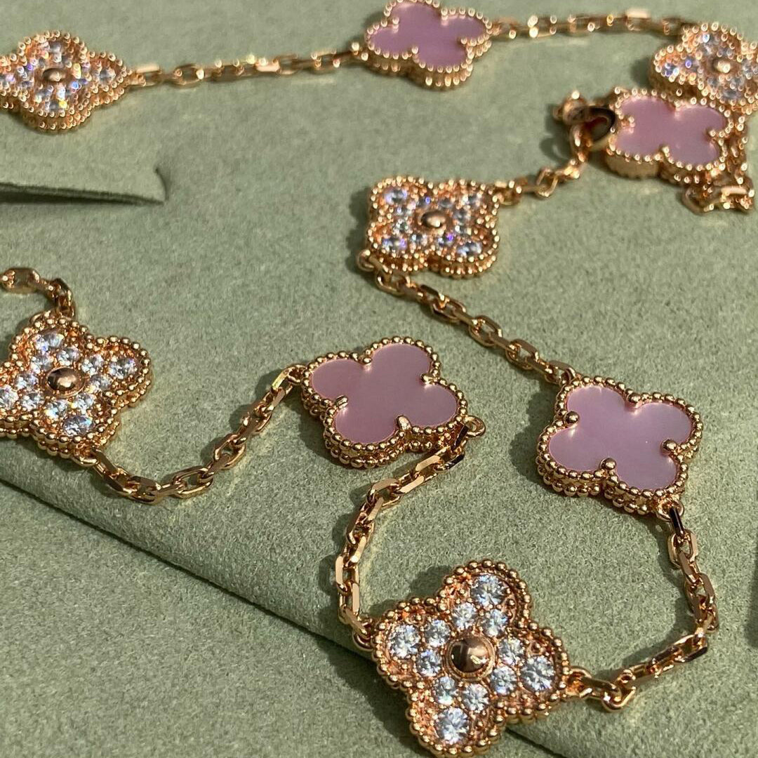 [Love's Uplift]CLOVER 10 MOTIFS DIAMOND PINK MOP NECKLACE
