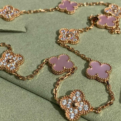 [Love's Uplift]CLOVER 10 MOTIFS DIAMOND PINK MOP NECKLACE