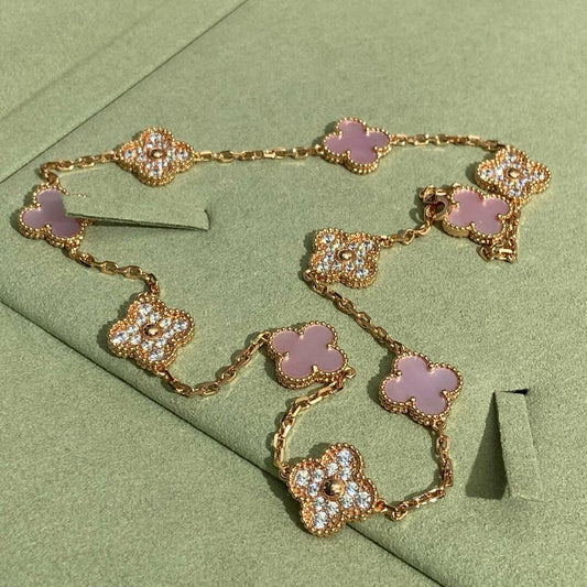 [Love's Uplift]CLOVER 10 MOTIFS DIAMOND PINK MOP NECKLACE