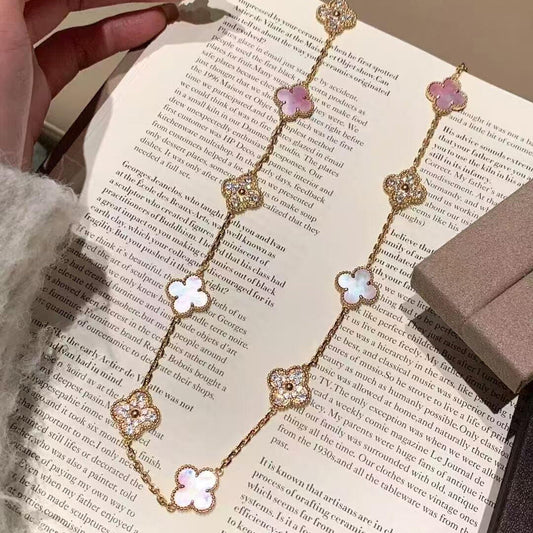 [Love's Uplift]CLOVER 20 MOTIFS DIAMOND PINK MOP NECKLACE