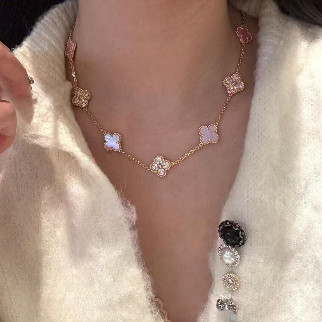 [Love's Uplift]CLOVER 10 MOTIFS DIAMOND PINK MOP NECKLACE