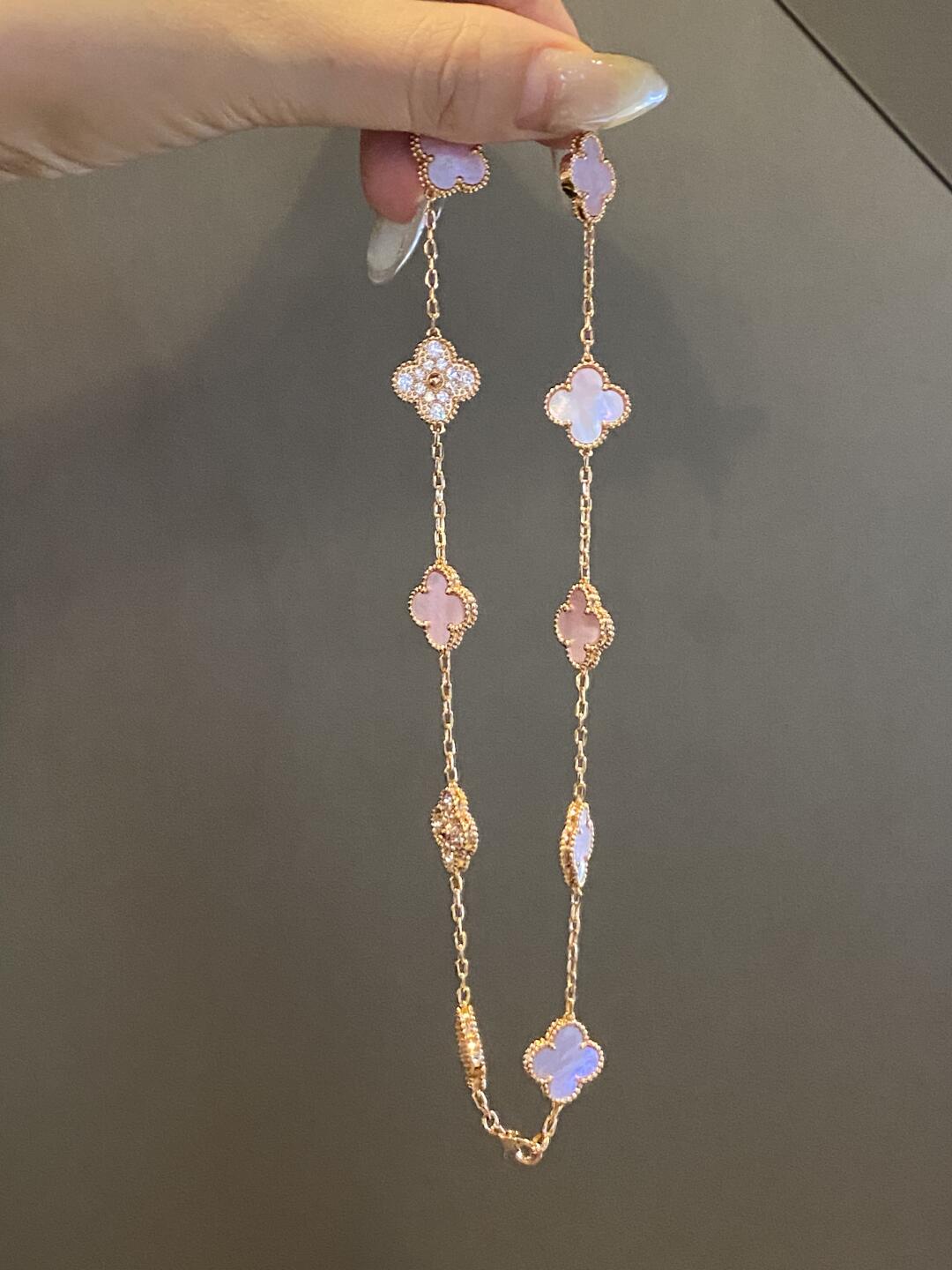 [Love's Uplift]CLOVER 10 MOTIFS DIAMOND PINK MOP NECKLACE