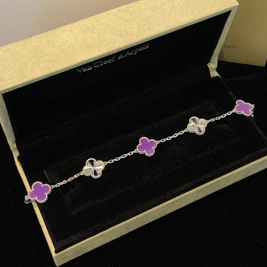 [Love's Uplift]CLOVER  5 MOTIFS  PURPLE VIOLET BRACELET SILVER