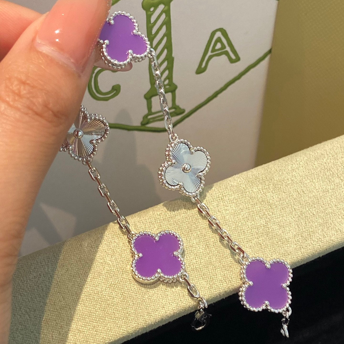 [Love's Uplift]CLOVER  5 MOTIFS  PURPLE VIOLET BRACELET SILVER