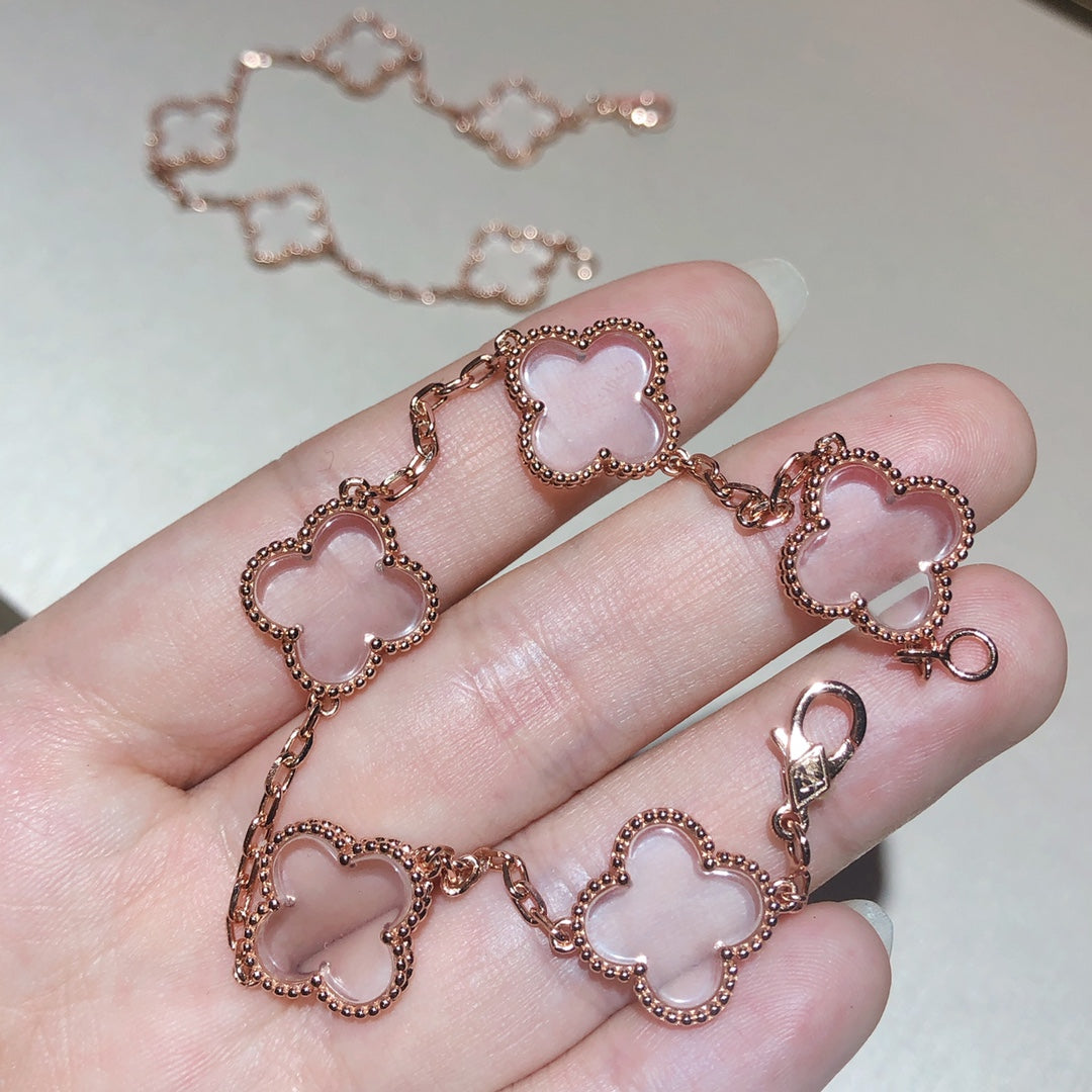 [Love's Uplift]CLOVER 5 MOTIF ROCK CRYSTAL PINK GOLD BRACELET