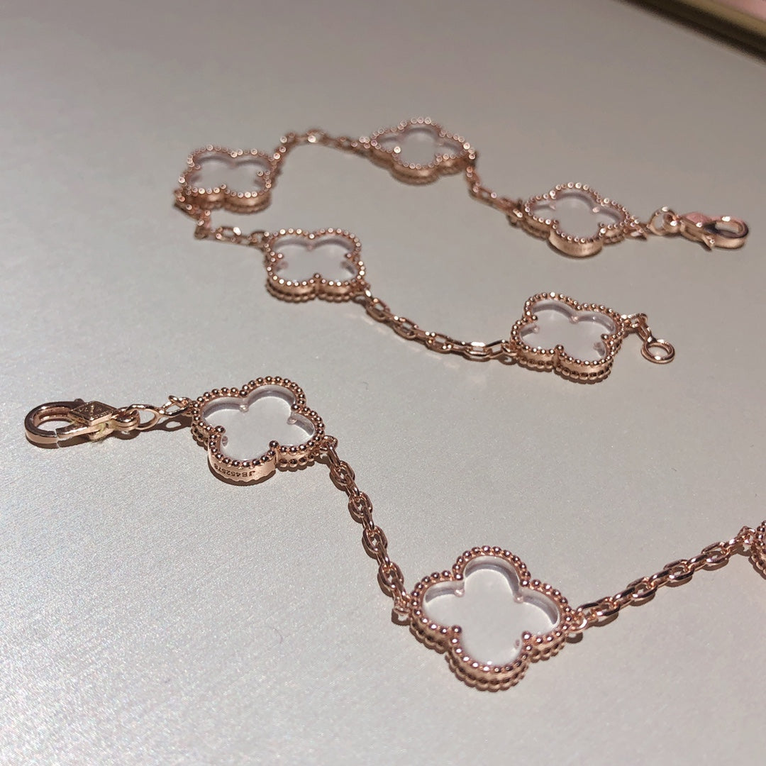 [Love's Uplift]CLOVER 5 MOTIF ROCK CRYSTAL PINK GOLD BRACELET