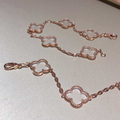 [Love's Uplift]CLOVER 5 MOTIF ROCK CRYSTAL PINK GOLD BRACELET