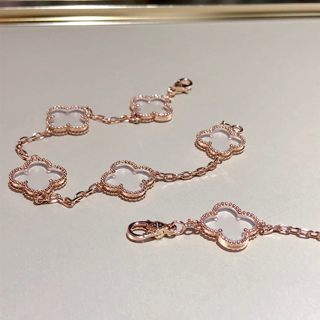 [Love's Uplift]CLOVER 5 MOTIF ROCK CRYSTAL PINK GOLD BRACELET