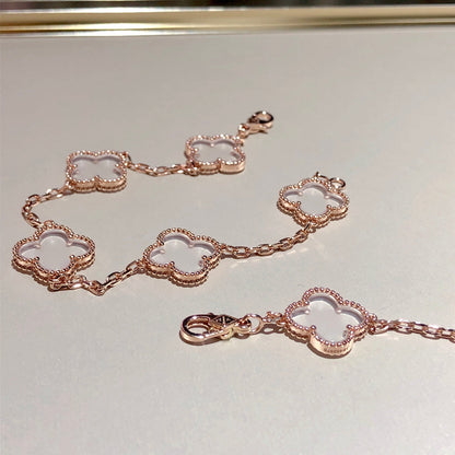 [Love's Uplift]CLOVER 5 MOTIF ROCK CRYSTAL PINK GOLD BRACELET