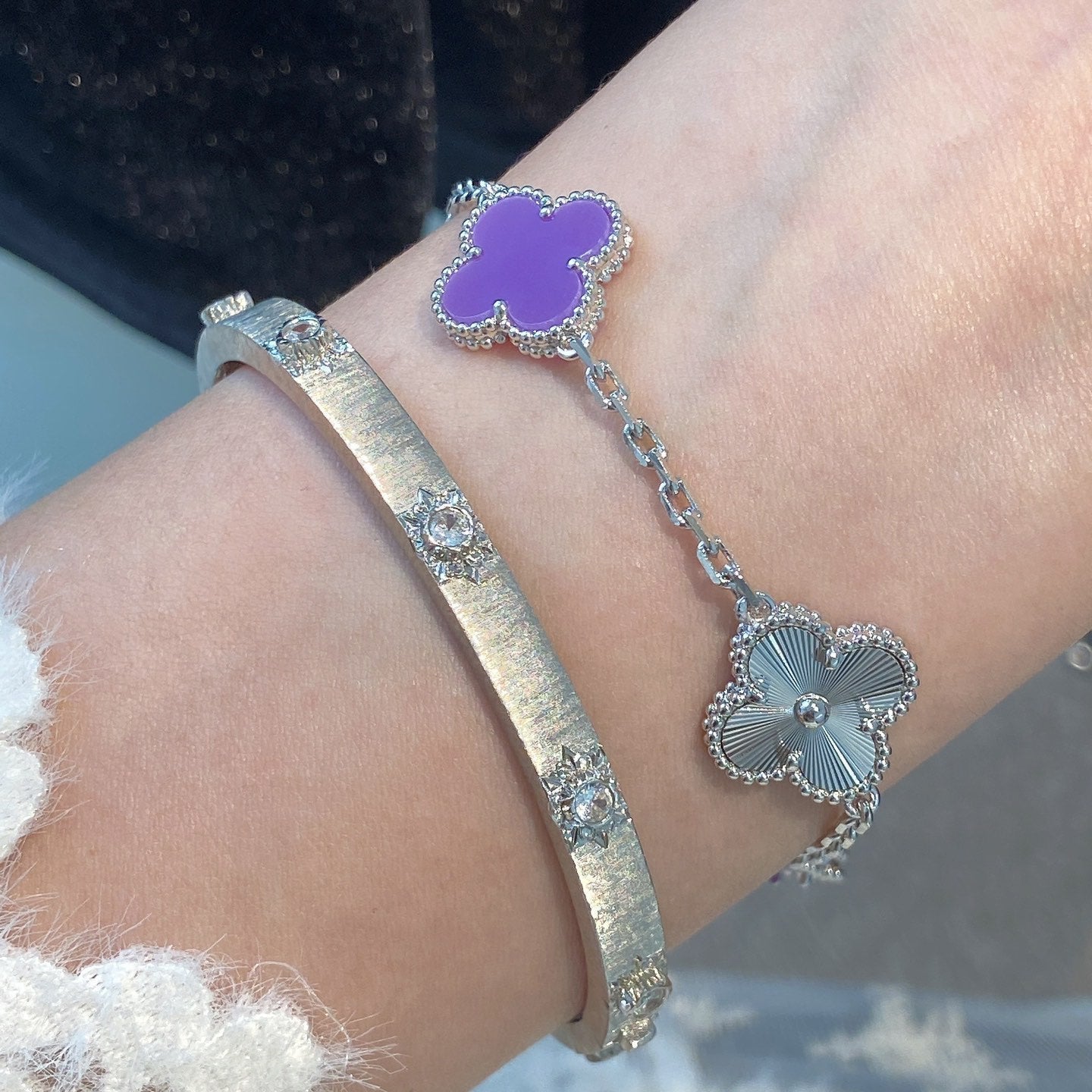 [Love's Uplift]CLOVER  5 MOTIFS  PURPLE VIOLET BRACELET SILVER