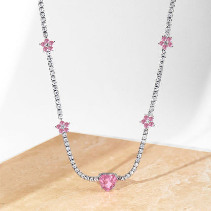 [Love's Uplift]Dazzling Pink Heart Flower Necklace