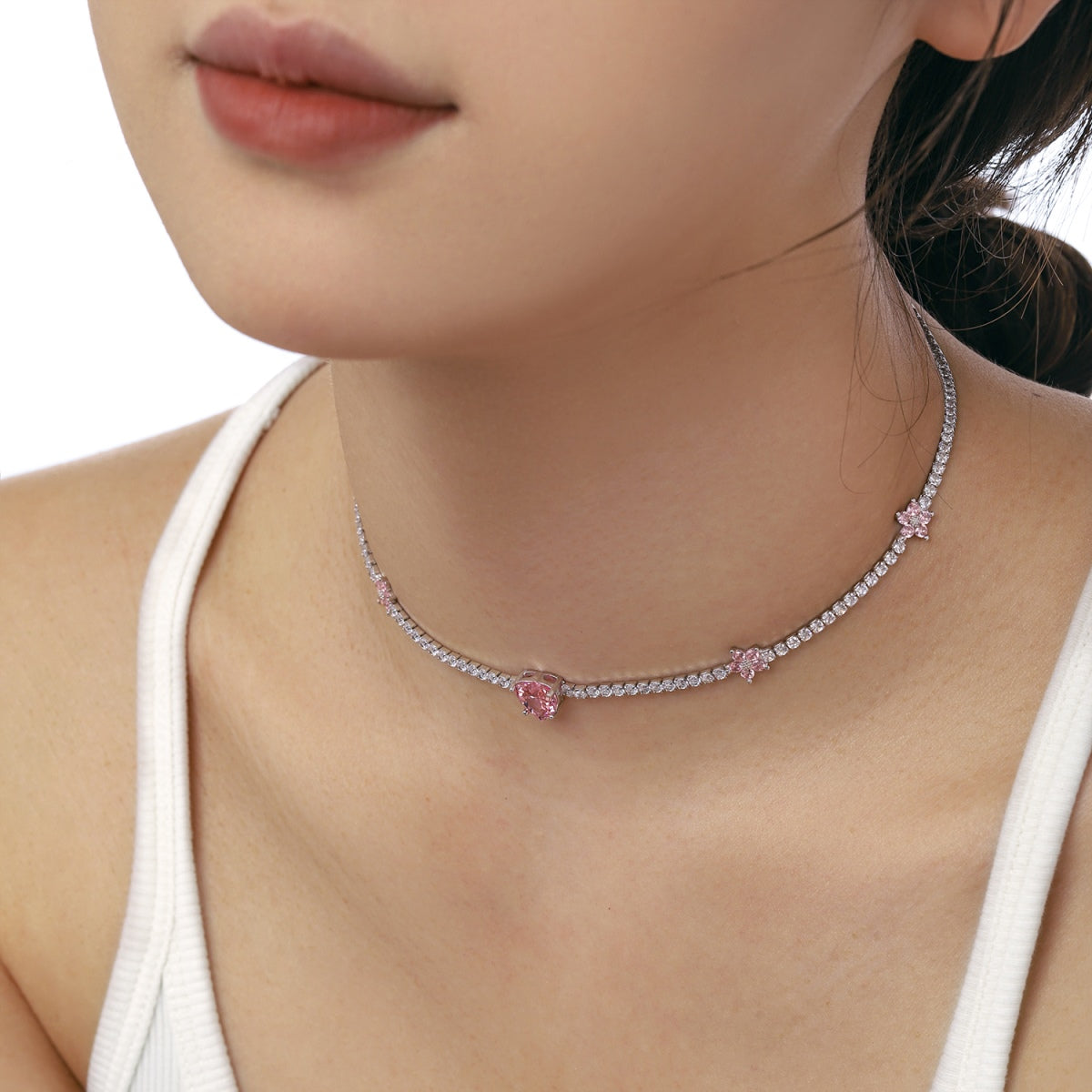 [Love's Uplift]Dazzling Pink Heart Flower Necklace