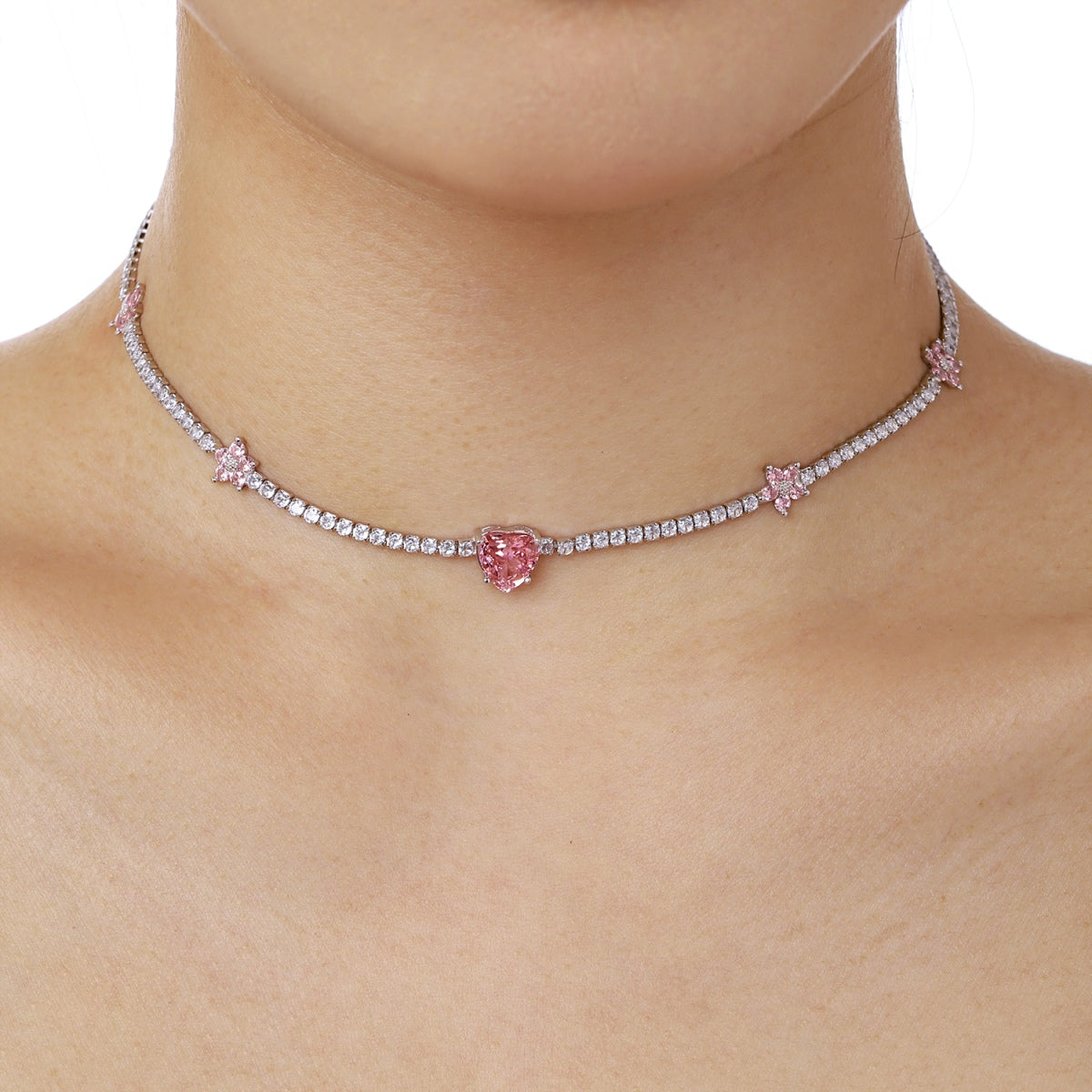 [Love's Uplift]Dazzling Pink Heart Flower Necklace