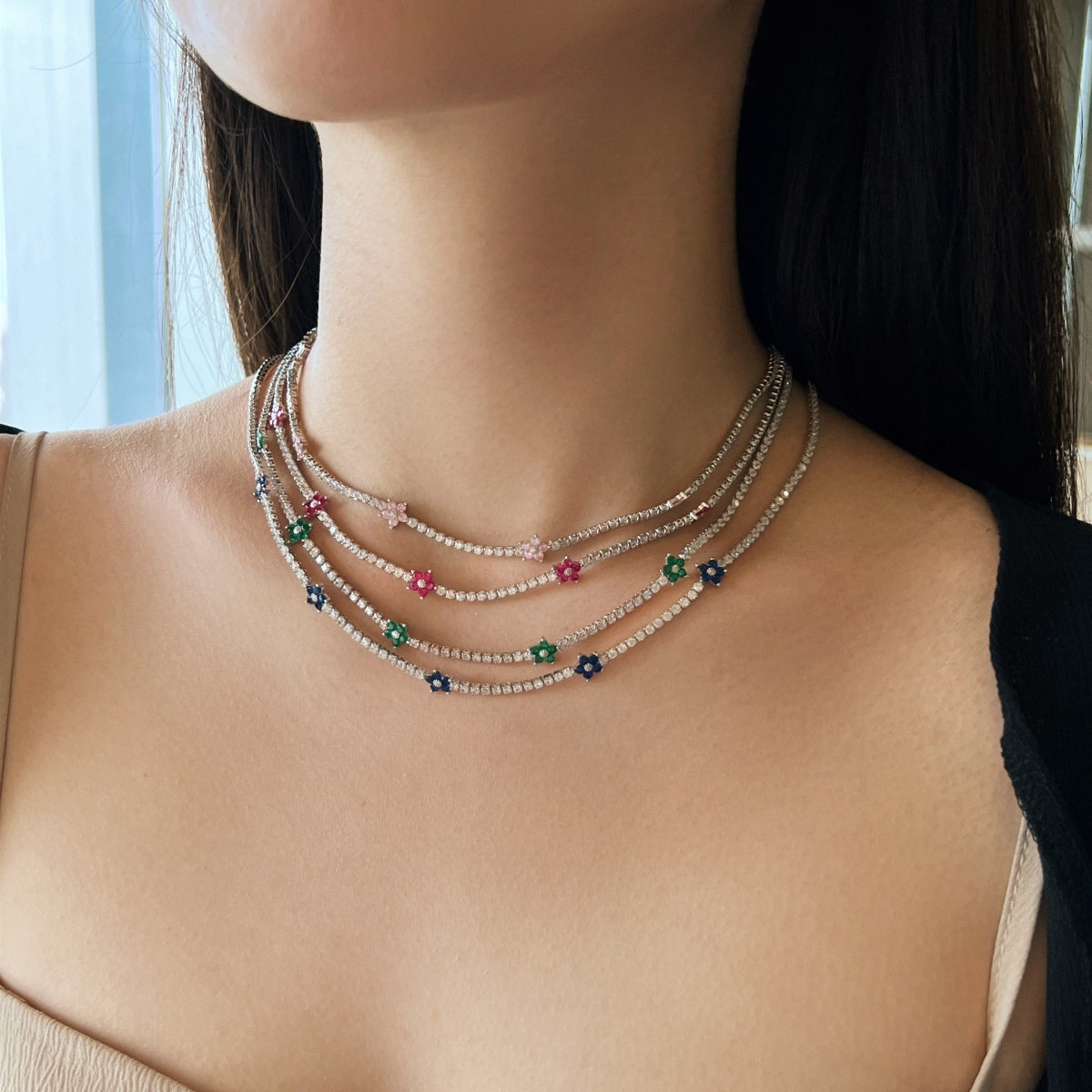 [Love's Uplift]Luxurious Colorful Flower Tennis Necklace