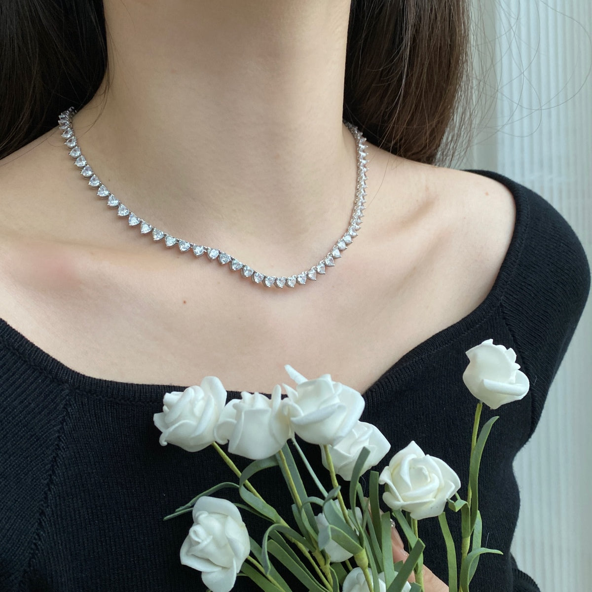 [Love's Uplift]Ornate Heart Cut Tennis Necklace