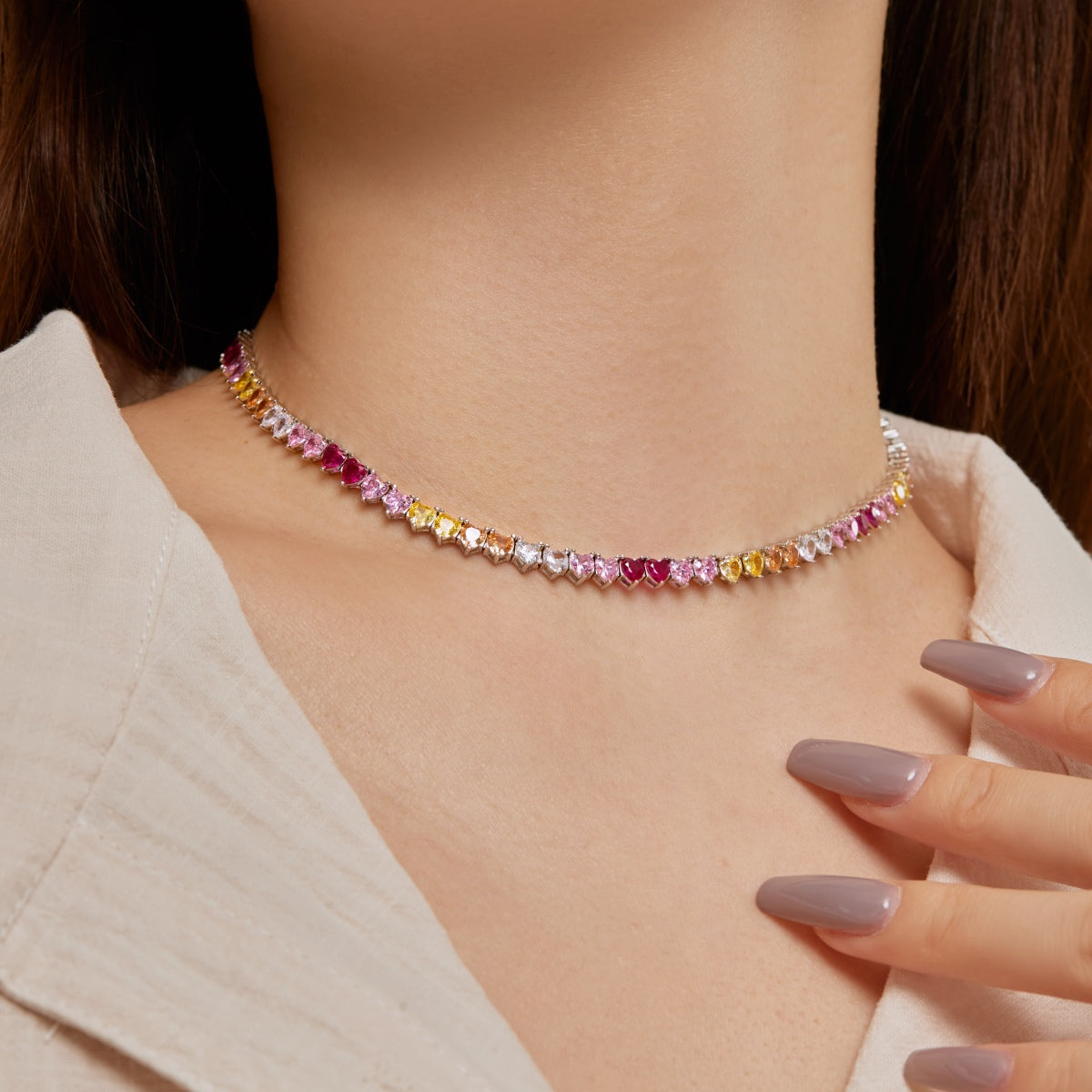[Love's Uplift]Sparkling Colorful Full Heart Tennis Necklace