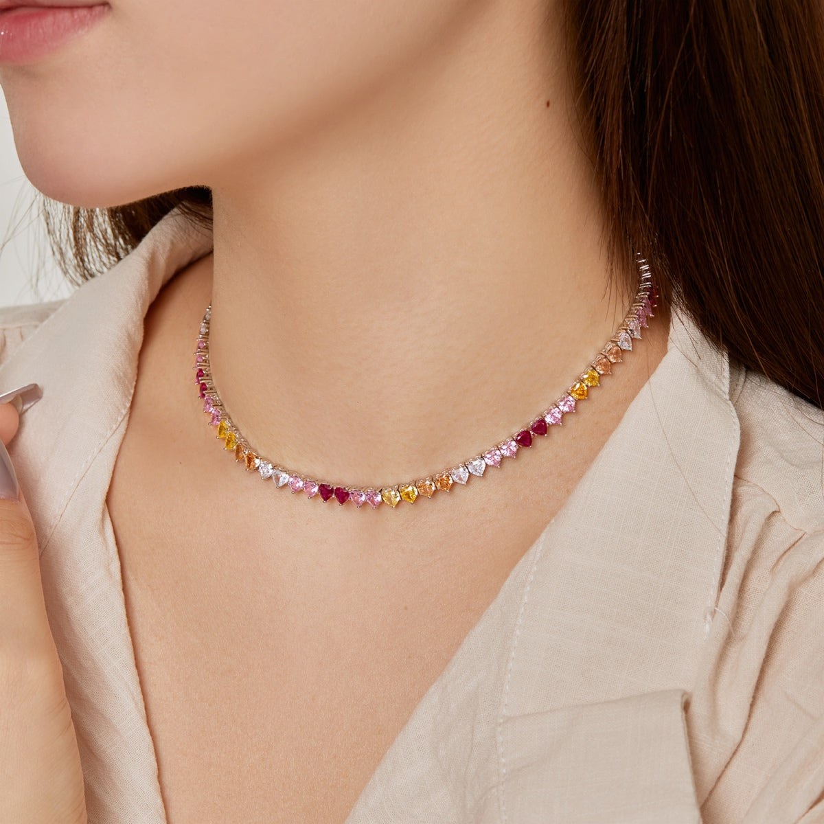 [Love's Uplift]Sparkling Colorful Full Heart Tennis Necklace