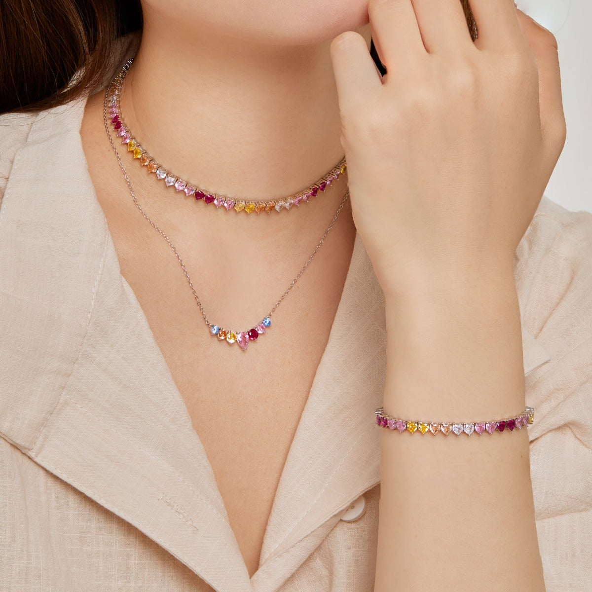 [Love's Uplift]Sparkling Colorful Full Heart Tennis Necklace