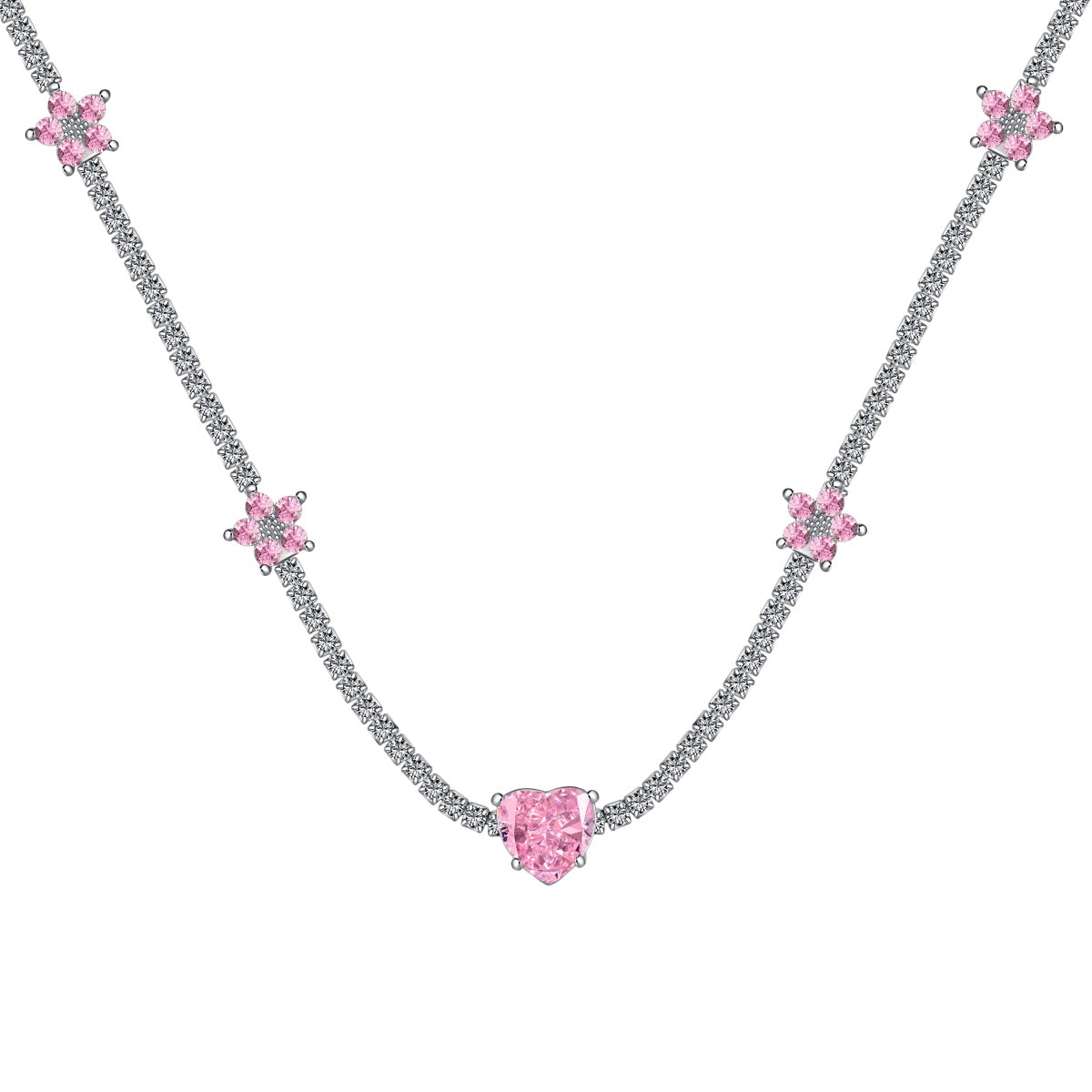 [Love's Uplift]Dazzling Pink Heart Flower Necklace
