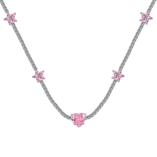 [Love's Uplift]Dazzling Pink Heart Flower Necklace