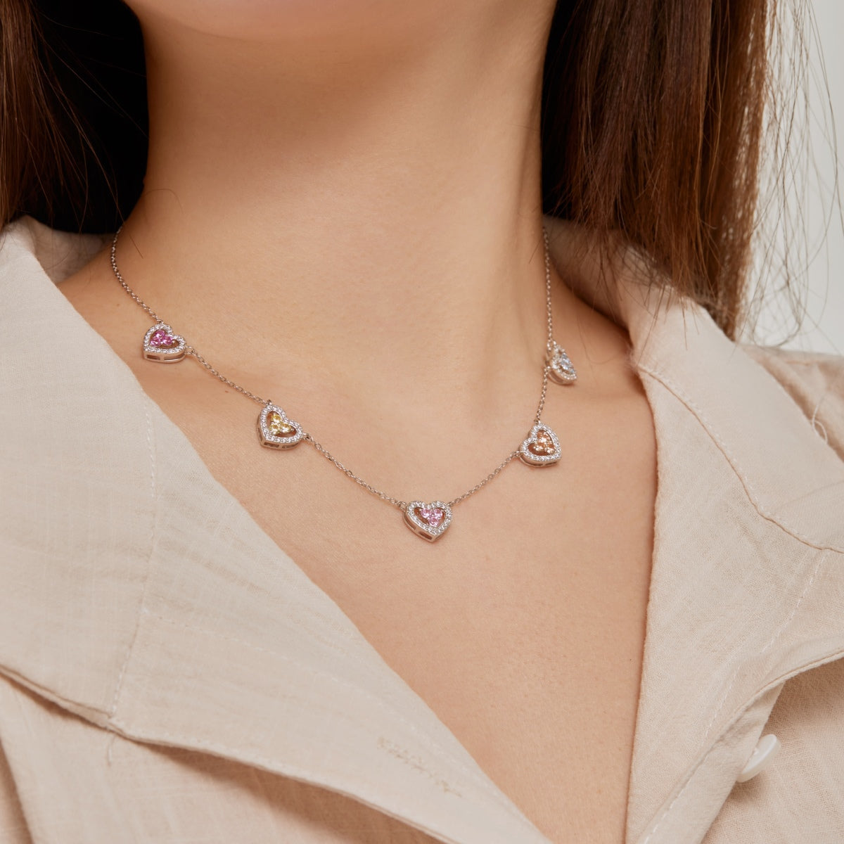 [Love's Uplift]Sparkling Five Heart Necklace