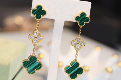 [Love's Uplift]CLOVER EARRINGS GOLD MALACHITE DIAMOND 3 MOTIF