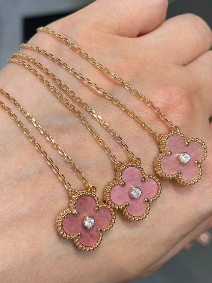 [Love's Uplift]CLOVER 15MM DIAMOND RHODONITE NECKLACE