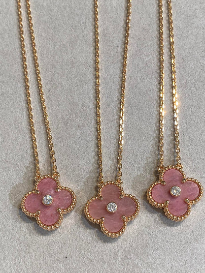 [Love's Uplift]CLOVER 15MM DIAMOND RHODONITE NECKLACE