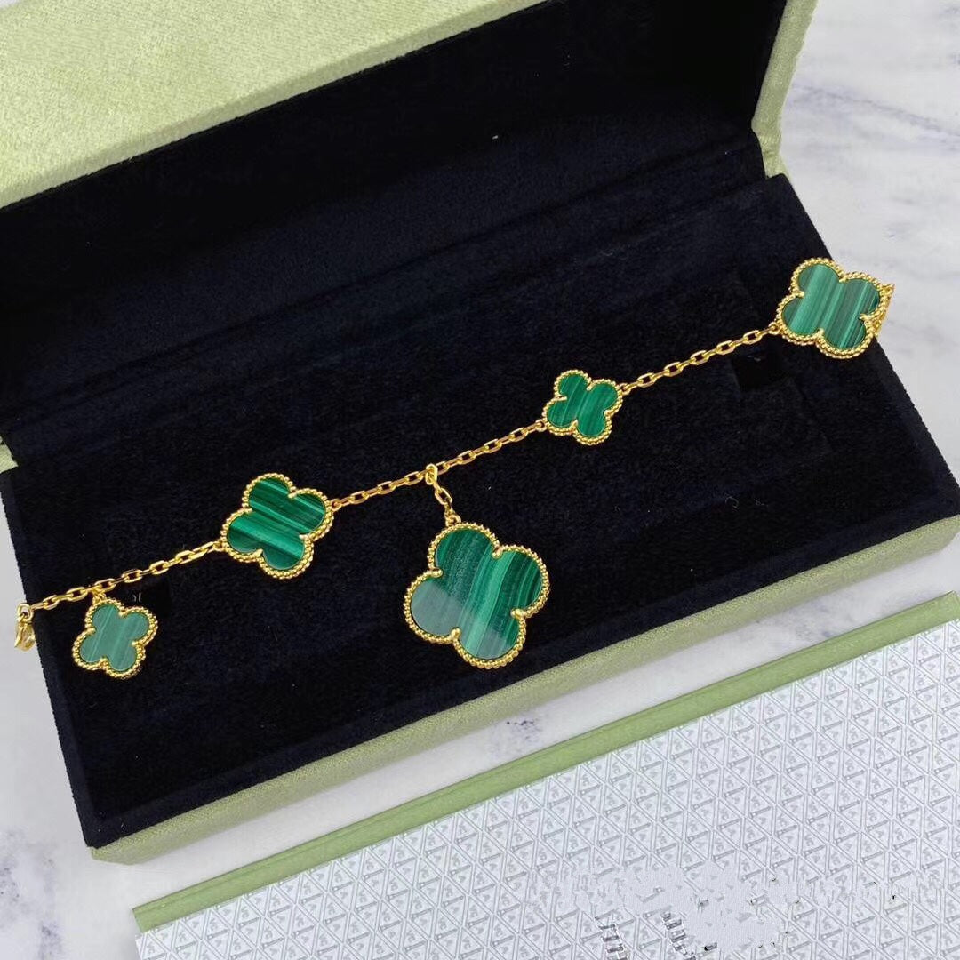 [Love's Uplift]MAGIC CLOVER MALACHITE GOLD BRACELET 5 MOTIFS