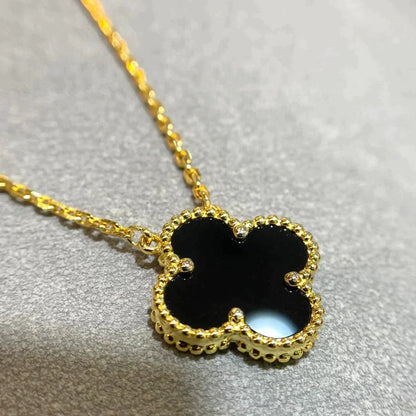[Love's Uplift]CLOVER 15MM BLACK ONYX SINGLE FLOWER NECKLACE