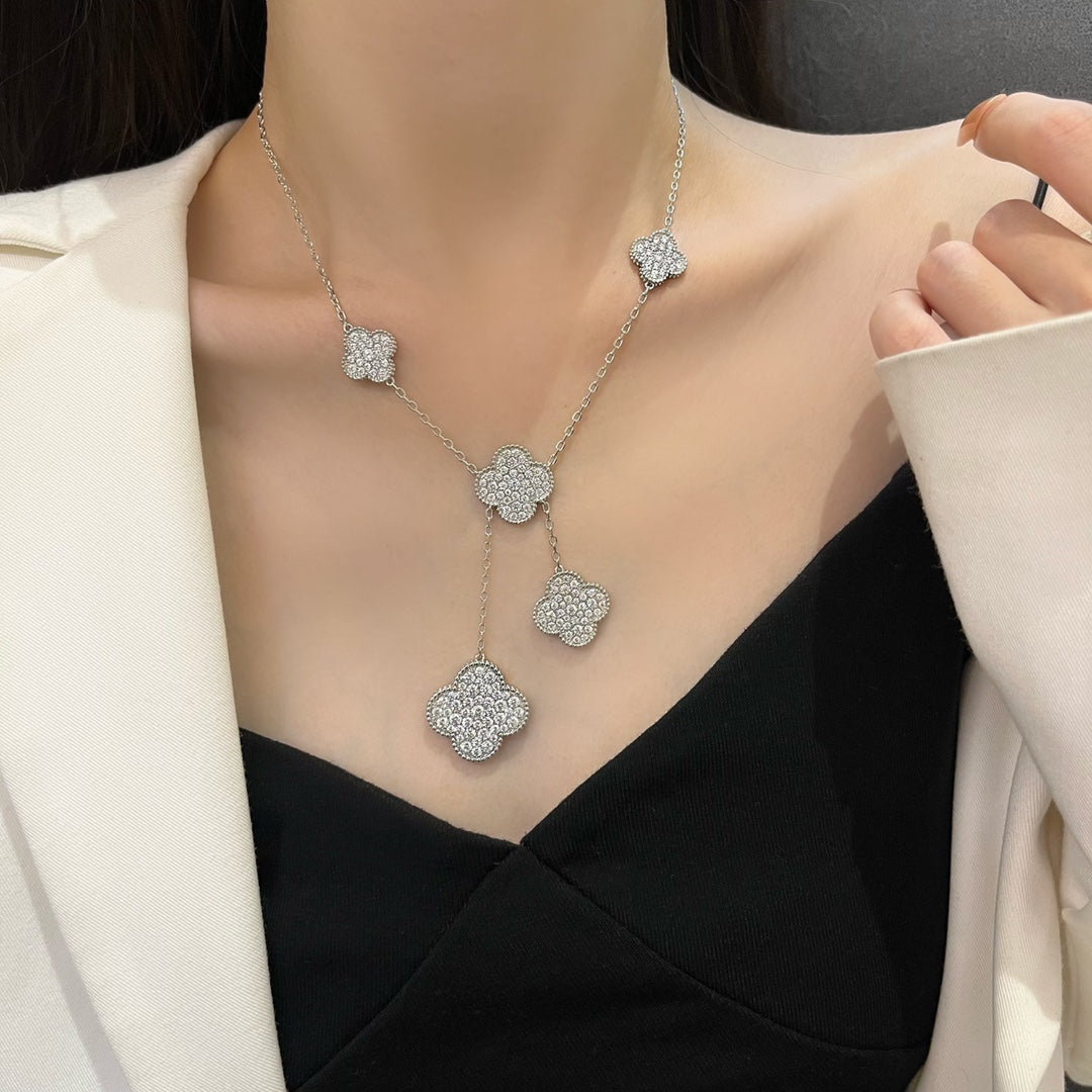 [Love's Uplift]CLOVER 5 MOTIFS SILVER DIAMONDS NECKLACE
