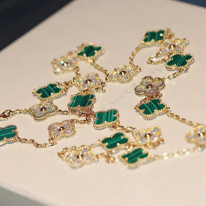 [Love's Uplift]CLOVER 20 MOTIFS MALACHITE DIAMOND NECKLACE