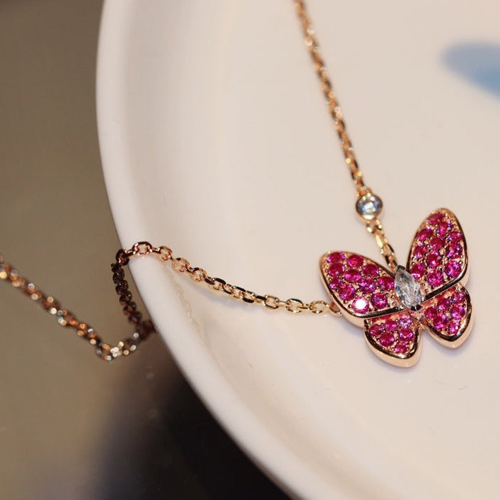 [Love's Uplift]BUTTERFLY RED DIAMOND ROSE GOLD NECKLACE
