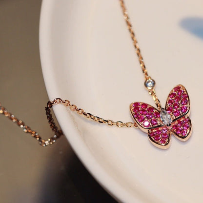 [Love's Uplift]BUTTERFLY RED DIAMOND ROSE GOLD NECKLACE