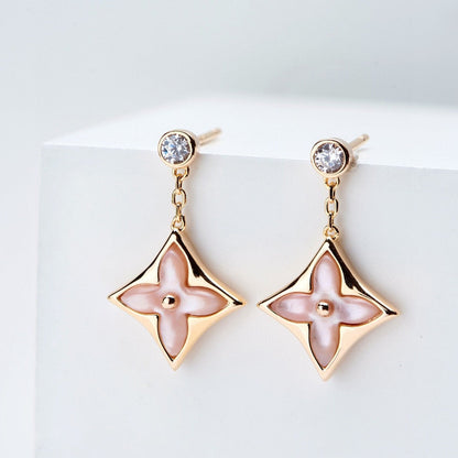 [Love's Uplift]DOUBLE STAR PINK GOLD MOP DROP EARRINGS