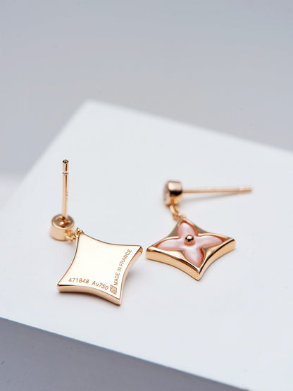 [Love's Uplift]DOUBLE STAR PINK GOLD MOP DROP EARRINGS
