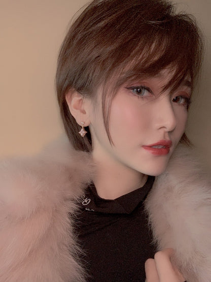 [Love's Uplift]DOUBLE STAR PINK GOLD MOP DROP EARRINGS