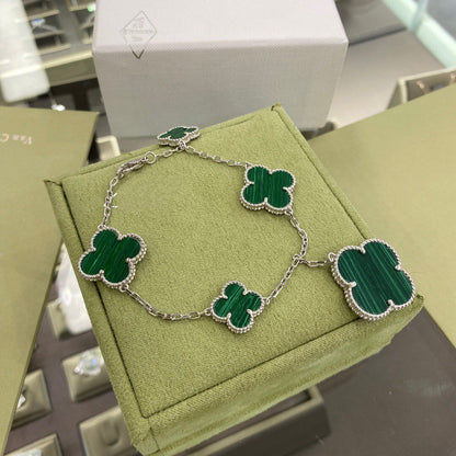 [Love's Uplift]CLOVER 5 MOTIFS SIVLER MALACHITE BRACELET