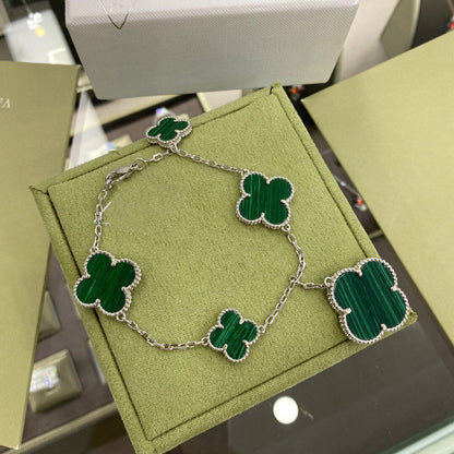 [Love's Uplift]CLOVER 5 MOTIFS SIVLER MALACHITE BRACELET