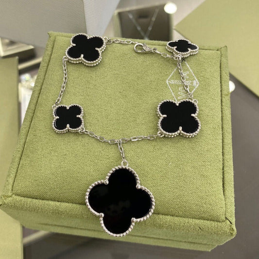 [Love's Uplift]CLOVER 5 MOTIFS SIVLER ONYX BRACELET