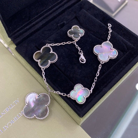 [Love's Uplift]CLOVER 5 MOTIFS SIVLER DARK MOP BRACELET