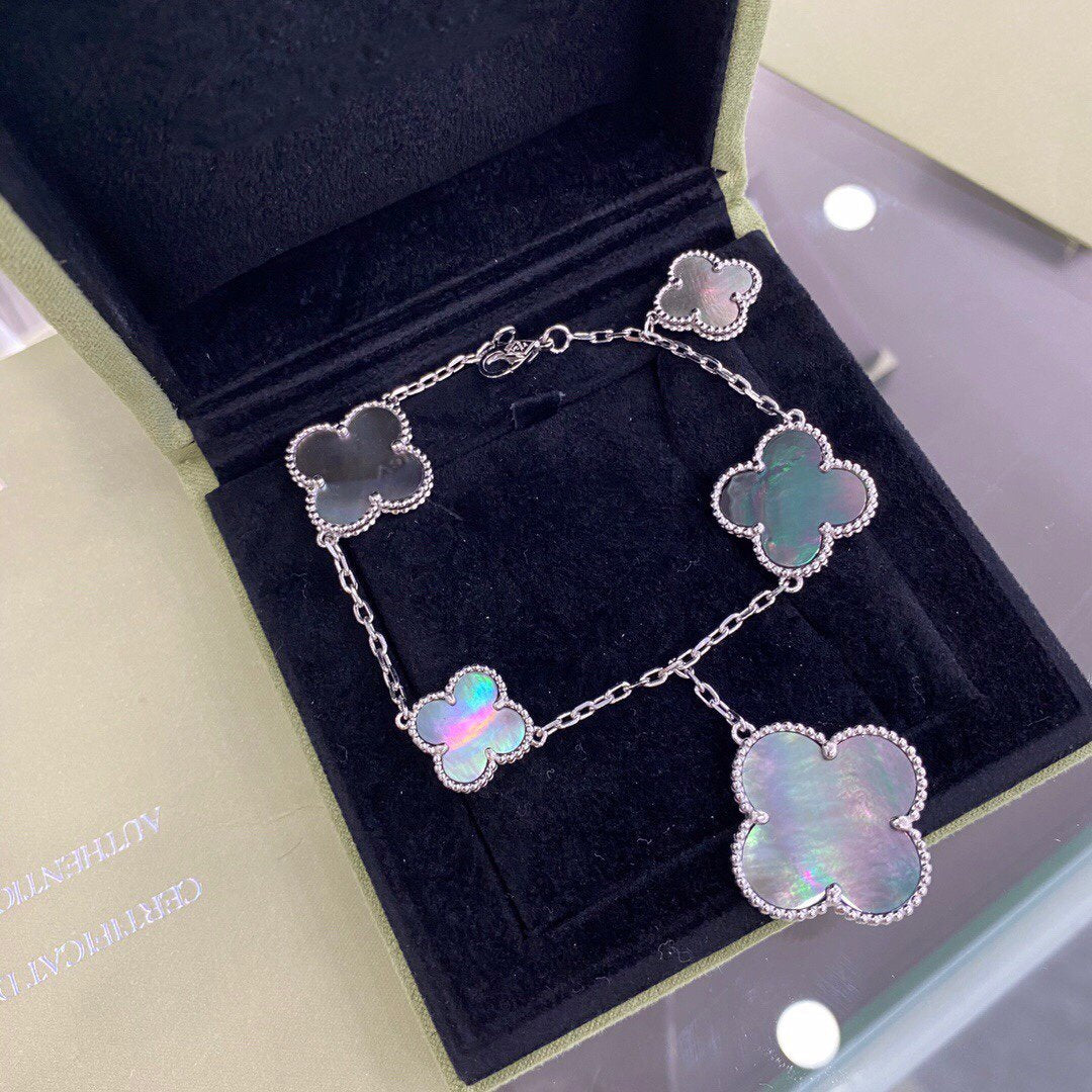 [Love's Uplift]CLOVER 5 MOTIFS SIVLER DARK MOP BRACELET