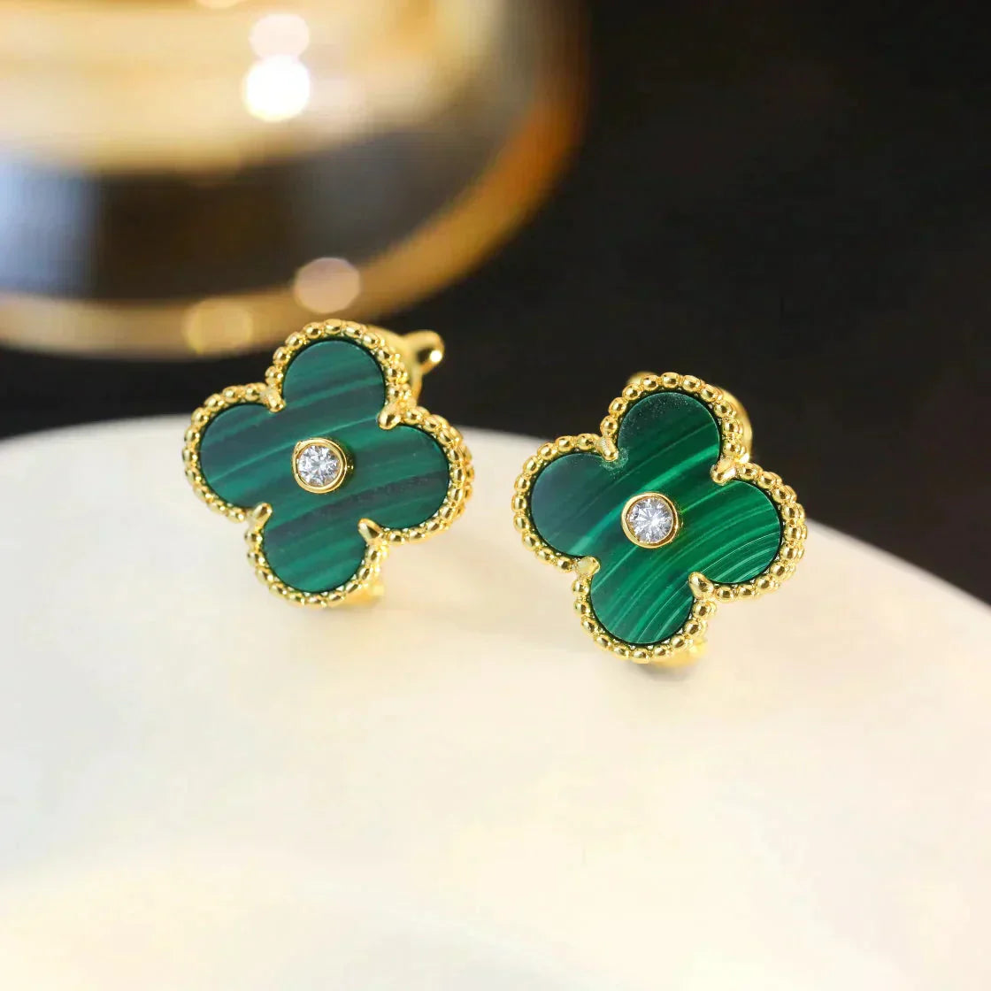 [Love's Uplift]CLOVER MEDIUM 1 MOTIFS MALACHITE DIAMOND EARRINGS