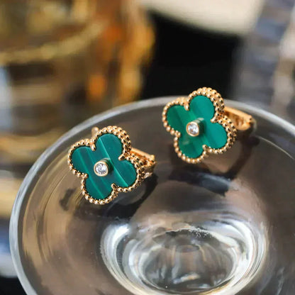 [Love's Uplift]CLOVER MEDIUM 1 MOTIFS MALACHITE DIAMOND EARRINGS