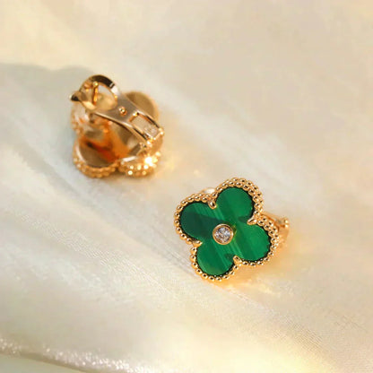 [Love's Uplift]CLOVER MEDIUM 1 MOTIFS MALACHITE DIAMOND EARRINGS