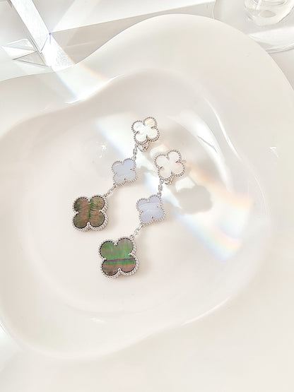 [Love's Uplift]CLOVER 3 MOTIFS CHALCEDONY DARK MOP SILVER EARRINGS
