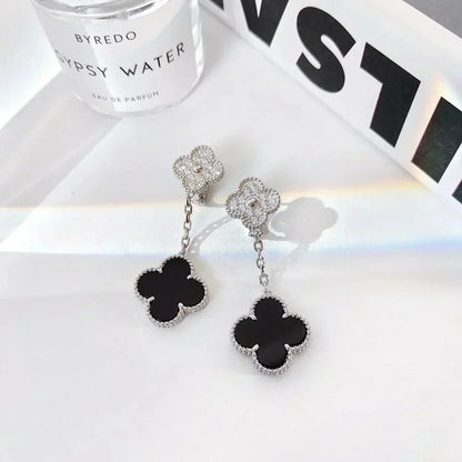 [Love's Uplift]CLOVER 2 MOTIFS  DIAMOND ONYX EARRINGS SILVER