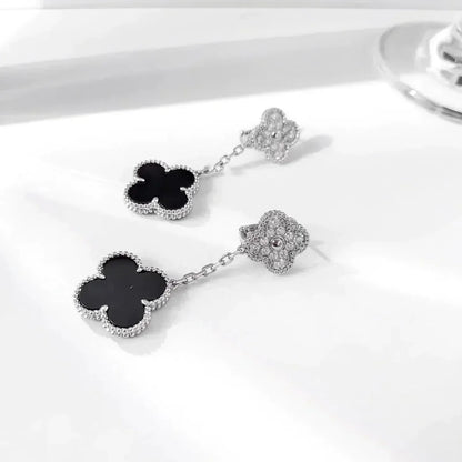 [Love's Uplift]CLOVER 2 MOTIFS  DIAMOND ONYX EARRINGS SILVER